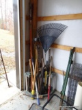 (GARAGE) YARD TOOLS AND TOOL RACK, ITEM IS SOLD AS IS, WHERE IS, WITH NO GUARANTEE OR WARRANTY. NO