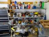 (GARAGE) CONTENTS OF METAL STORAGE SHELF - LEVEL, SQUARE, BOXES OF VARIOUS SIZE SCREWS, CABLE