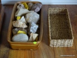 (LR) INLAID WOODEN BASKET WITH ROCKS AND A WOVEN BASKET, ITEM IS SOLD AS IS, WHERE IS, WITH NO