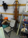 (GARAGE) VINTAGE WOODEN ROCKET PLANE SLEIGH AND TWO FOLDING PATIO CHAIRS, ITEM IS SOLD AS IS, WHERE