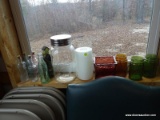 (GARAGE) WINDOW LOT, 4 BOTTLES, ART GLASS PLANTER, 3 COLORED FRUIT JARS WITH WIRE BAILS, ITEM IS