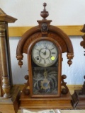 (GARAGE) ANTIQUE WALNUT MANTEL CLOCK WITH JENNY LIND AND PAINTED GLASS, HAS KEY AND PENDULUM, 12 IN