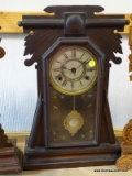 (GARAGE) ANTIQUE WALNUT MANTEL CLOCK, NO KEY OR PENDULUM- 112 IN X 5 IN X 21 IN, ITEM IS SOLD AS IS,