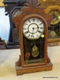 (GARAGE) WALNUT MANTEL CLOCK DATED 1881 WITH PENDULUM AND KEY, 11 IN X 4 IN X 21 IN, ITEM IS SOLD AS
