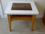 (BED1) OAK AND PAINTED BEVEL GLASS TOP TABLE- 26 IN X 22 IN X 24 IN, ITEM IS SOLD AS IS, WHERE IS,