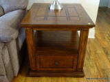 (LR) ONE OF A PR. OF OAK END TABLE WITH SHELF AND LOWER DRAWER, - BRAND NEW CONDITION, ITEM IS SOLD