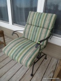 (OUTSIDE FRONT) ONE OF A PR. OF METAL AND MESH WIRE CHAIRS WITH CUSHIONS- 22 IN X 26 IN X 40 IN,