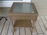 (OUTSIDE FRONT) ONE OF A PR. OF MARTHA STEWART LIVING WICKER AND PLEXIGLASS SIDE TABLES WITH LOWER