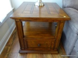 (LR) ONE OF A PR. OF OAK END TABLE WITH SHELF AND LOWER DRAWER, BRAND NEW CONDITION, ITEM IS SOLD AS