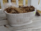 (OUTSIDE FRONT) 2 CERAMIC PLANTERS- 17 IN X 10 IN X 8 IN, ITEM IS SOLD AS IS, WHERE IS, WITH NO