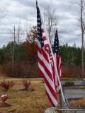 (OUTSIDE BACK) 3 US FLAGS WITH POLES AND ONE FLAG TO BE REMOVED FROM WOODEN POLE, ITEM IS SOLD AS