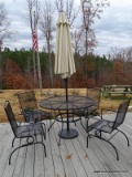 (OUTSIDE BACK) 5 PC. MESH WIRE PATIO SET- TABLE- 48 IN DIA X 29.5 IN AND 4 CHAIRS WITH CUSHIONS (