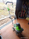 (shed) greenworks 8a electric cultivator with manual, ITEM IS SOLD AS IS, WHERE IS, WITH NO