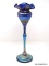 Tiffany style flower form vase. Tanzanite colored, stretched petals, with blue, gold & purple