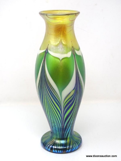 Tiffany vase, pulled and feathered in green gold and white. 10" in height. Signed and numbered 2932J