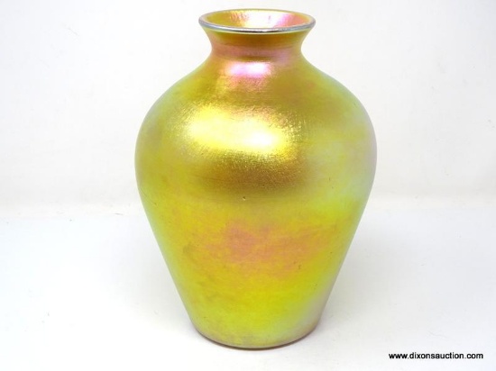 An amphora shaped, gold iridescent vase having an unfired silver painted rim. 8 1/8" in height.