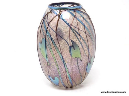 Translucent colorless glass frosted and surface decorated with iridescent blue lily pads and