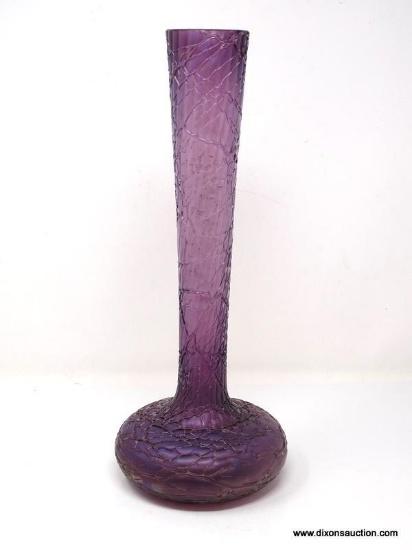 Amethyst colored translucent bud vase ribbed & threaded. Attributed to Loetz artists. 14.5" in