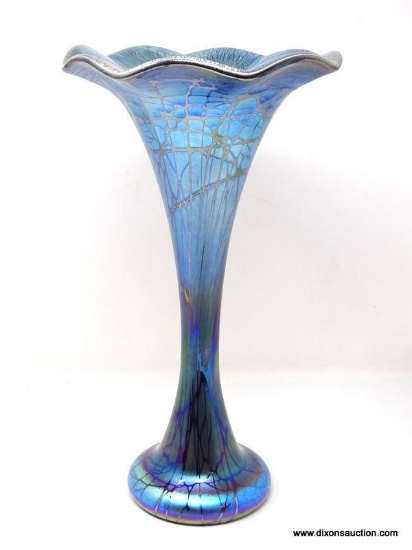 Fluted blue aurene cob webbed vase by Stuart Ableman. Stretched glass throat. 14" in height;