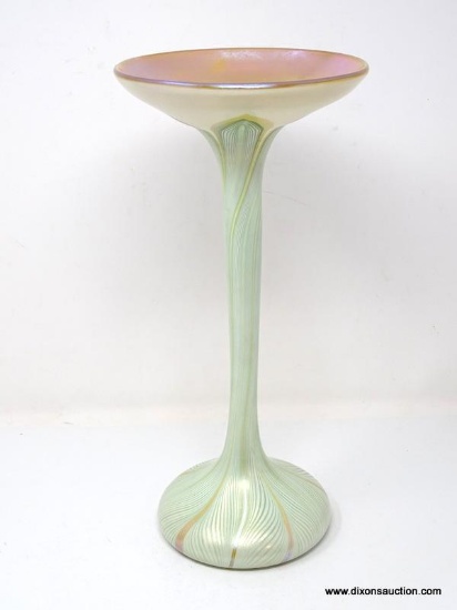 Rare pulled & feathered favrile vase with early original Tiffany label affixed to the bottom. 13" in