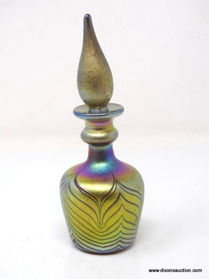 Feathered gold and blue iridescent perfume bottle by Saul Alcatraz. 6" to top of stopper