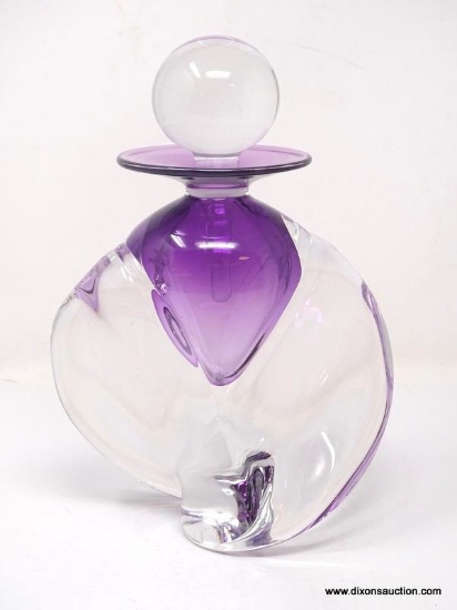 Extra large clear glass perfume bottle with amethyst colored vessel. Smooth flowing. heavy twisted