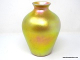 An amphora shaped, gold iridescent vase having an unfired silver painted rim. 8 1/8