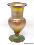 Gold iridescent Tiffany vase with flared opening, smooth neck and ribbed bottom. Green Lustre on the