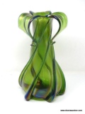 Gourd formed vase with a peeled back neck. Iridescent translucent green with beautifully applied tad