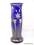 Old European vase, cobalt blue glass, painted in applied decoration of green stems & cream colored