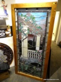 Landscape Scene With Columns & Italian Cypress Stained And Leaded Glass Panel. In The Style Of