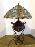 Rose Pattern Lamp With Wrought Iron Base, Stained Glass Body, And Stained Glass Shade. Primary