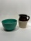 (13M) 8 INCH TWO-TONE STONEWARE POTTERY PITCHER AND 9 INCH AQUA GREEN MIXING BOWL MARKED USA