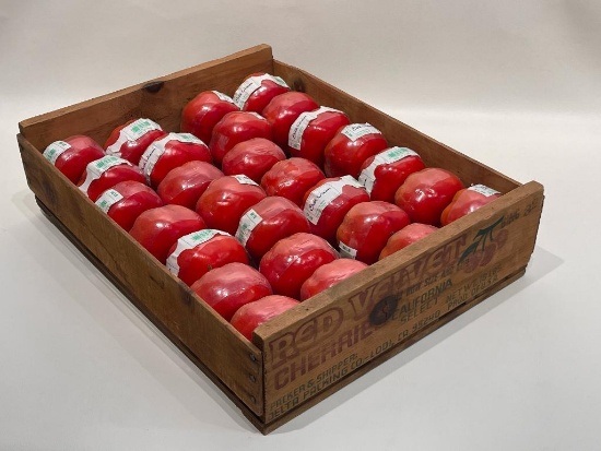 (11K) VINTAGE WOODEN RED VELVET CHERRIES CRATE WITH SILK VISION ARTIFICIAL DECORATIVE TOMATOES