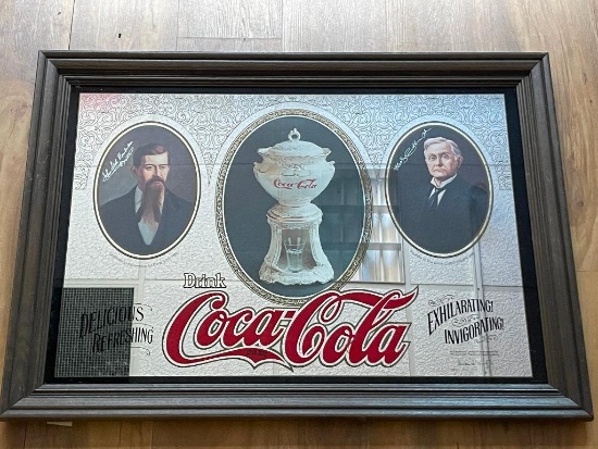 (12L) "DRINK COCA COLA" PUB, BAR MIRROR IN FRAME WITH PICTURES OF JOHN PEMBERTON - THE 1886