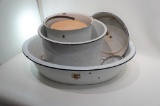 (12L) ANTIQUE ENAMELWARE WASH BASIN (24 INCH LENGTH), PAIL, AND BIN, CHARLES CHIPS CAN. INCLUDES TWO