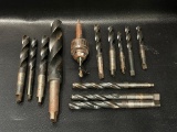 (15O) JACOBS BALL BEARING SUPER CHUCK AND CLE0FORGE GRADUATED DRILL BITS (LARGEST 1 3/4 INCH)