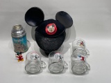 (13M) MICKEY MOUSE AND STEAMBOAT WILLIE GLASS MUGS, MICKEY EARS HAT, MICKEY FANTASIA FIGURE AND
