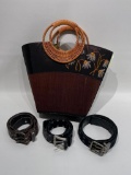 (14N) TROPICAL PALM BAG WITH BAMBOO HANDLES AND THREE FAUS LEATHER STUDDED FASHION BELTS (SIZE 36)