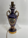 (13M) IRRIDESCENT COBALT BLUE LAMP WITH COLONIAL COUPLE LOVERS SCENE, PORCELAIN, 16 INCH HEIGHT