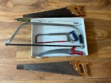 (13M) LOT OF HAND SAWS INCLUDING TWO 25 INCH CROSS CUT SAWS, 31 INCH BOW SAW WITH EXTRA BLADE,