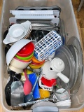(UNDER BLACK TABLE) HUGE LOT OF ASSORTED KITCHENWARE, COOKWARE. STARTER KIT FOR APARTMENT OR HOME.