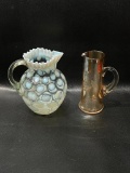 (14N) OPALESCENT GLASS COIN DOT PITCHER WITH FLUTED RIM, AND ETCHED GRAPE DRINK PITCHER. 8 INCH