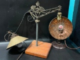 (15O) GENERAL ELECTRIC VICTORIAN STEAMPUNK STYLE HEATER AND TWO ORNATE ART DECO METAL LAMPS (TALLEST