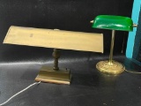 (15O) ANTIQUE BANKERS LIGHT DESK LAMP, ONE BRASS, AND ONE WITH EMERALD GREEN GLASS SHADE
