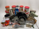 (15O) HUGE LOT OF VINTAGE KITCHENALIA INCLUDING DECOWARE STEEL CANISTER SETS WITH APPLES AND