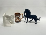 (13M) EQUESTRIAN ITEMS; 8 INCH TOY HORSE, HORSE STEIN MUG, AND CHALKWARE BOOKEND