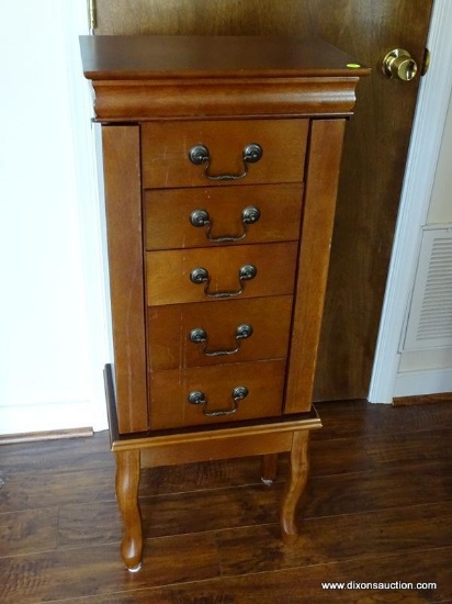 JEWELRY CHEST LIGHT - CHERRY QUEEN ANNE 5 DRAWER LIFT TOP JEWELRY CHEST . 40 INCHES TALL APPROX.