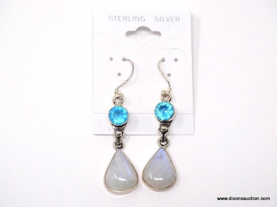 .925 RHODIUM 1 3/4" GORGEOUS MOONSTONE AND BLUE TOPAZ EARRINGS; SEE MATCHING PENDANT - SRP $49.00;