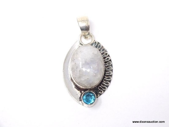 .925 1 1/2" AAA GORGEOUS MOONSTONE GEMSTONE WITH BLUE TOPAZ PENDANT - SRP $49.00; NEW!